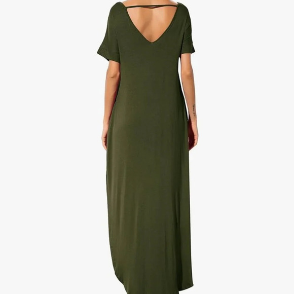 Women's Army Green Casual Loose Maxi Dress V-Neck Short Sleeve Pockets Size S - Picture 4 of 10